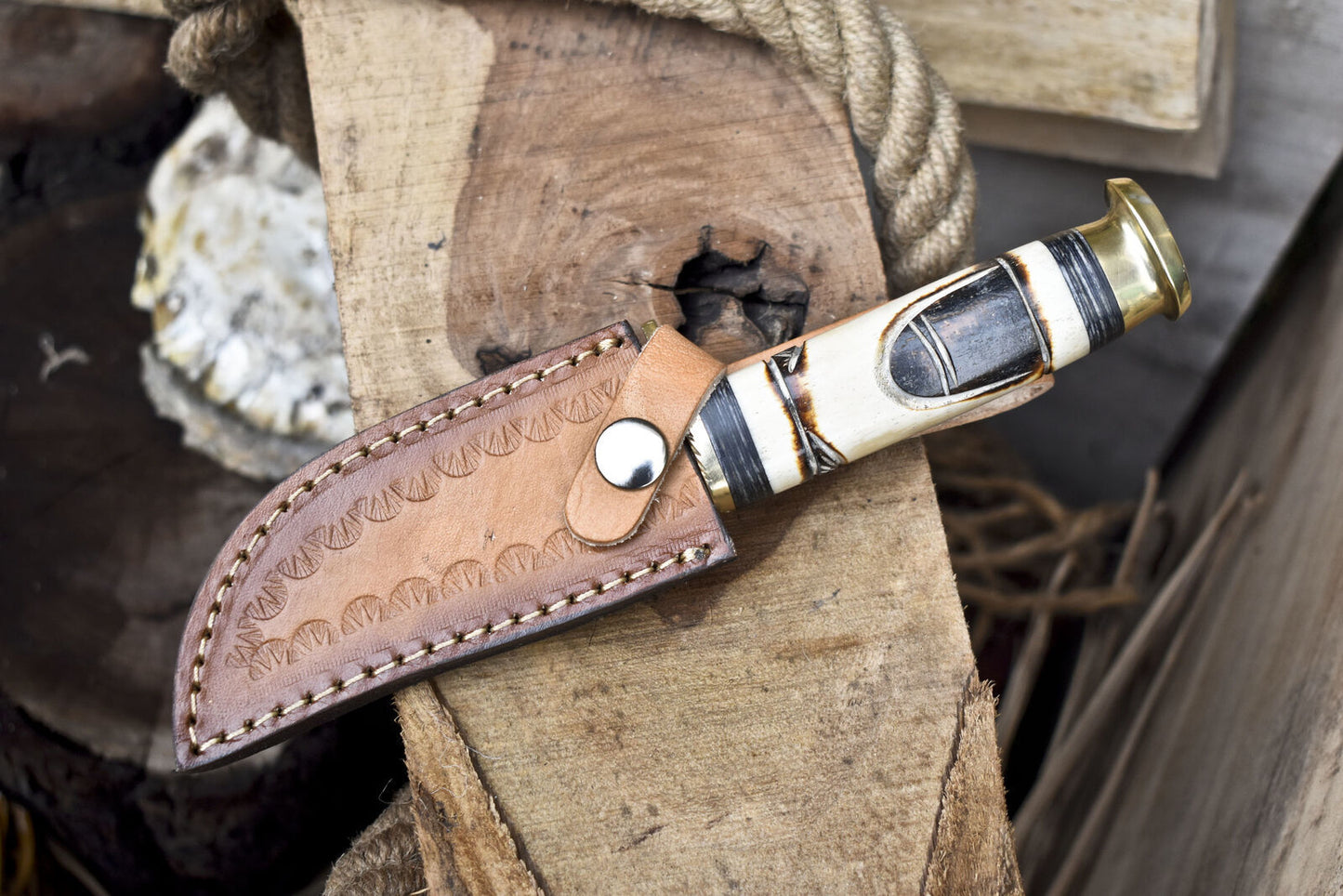 Rain Drop Damascus Skinner Knife with Polished Camel Bone Handle and Brass Guard – Handmade Tactical Blade