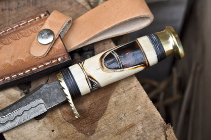 Rain Drop Damascus Skinner Knife with Polished Camel Bone Handle and Brass Guard – Handmade Tactical Blade