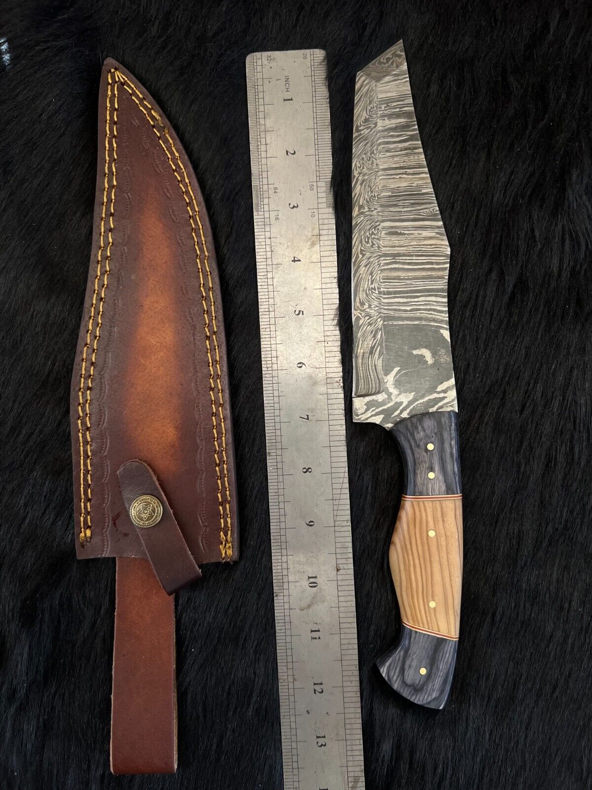 13.5 Inch Custom Twist Damascus Steel Bowie Knife with Camel Bone and Wood Handle