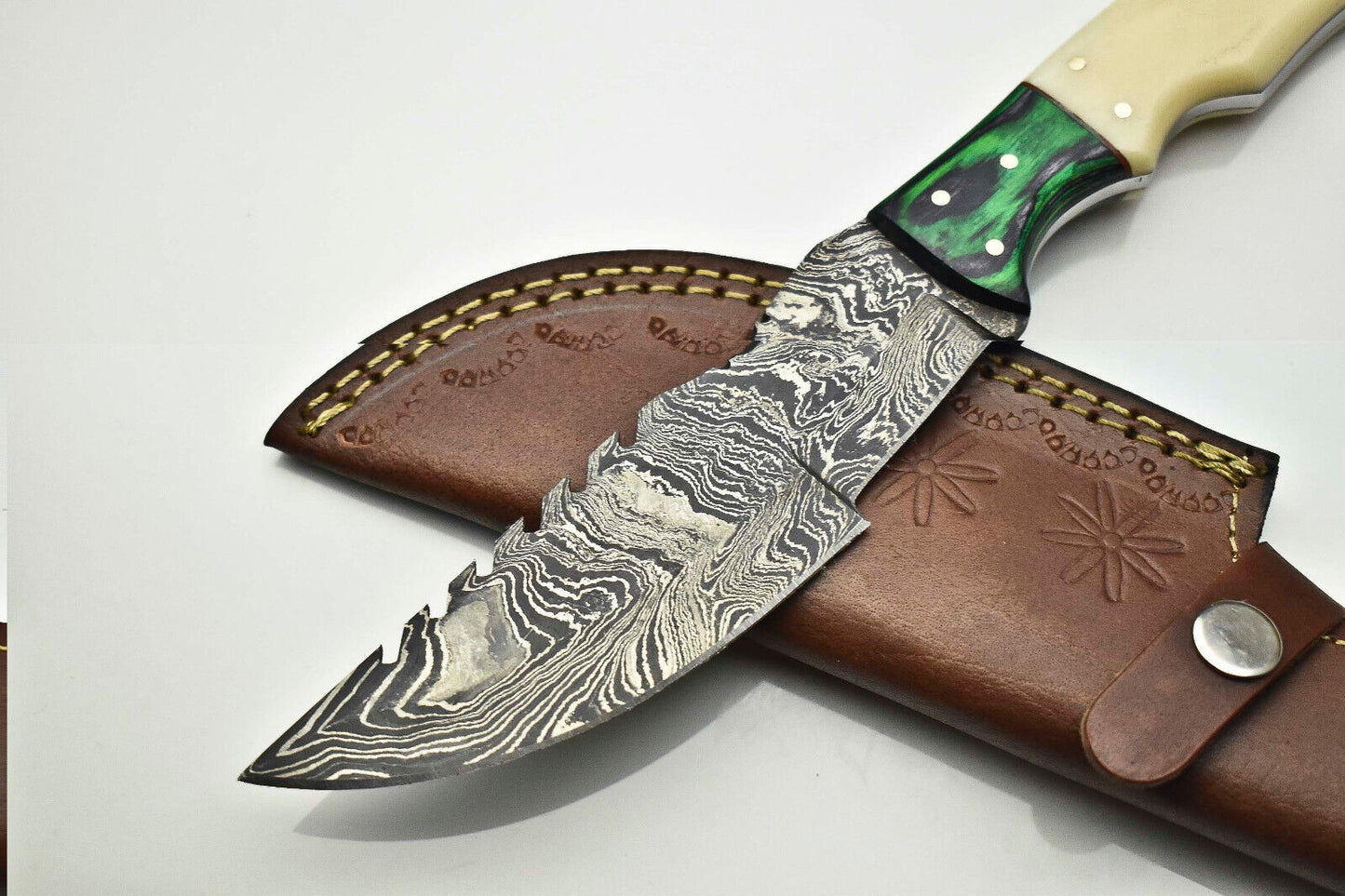 Custom Handmade Damascus Steel Tracker Knife | Camel Bone Handle with Leather Sheath