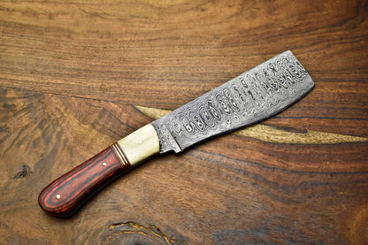 Custom Handmade Damascus Chef Knife – Full Tang Forged Blade with Wood Handle – Kitchen & Outdoor Sport Use