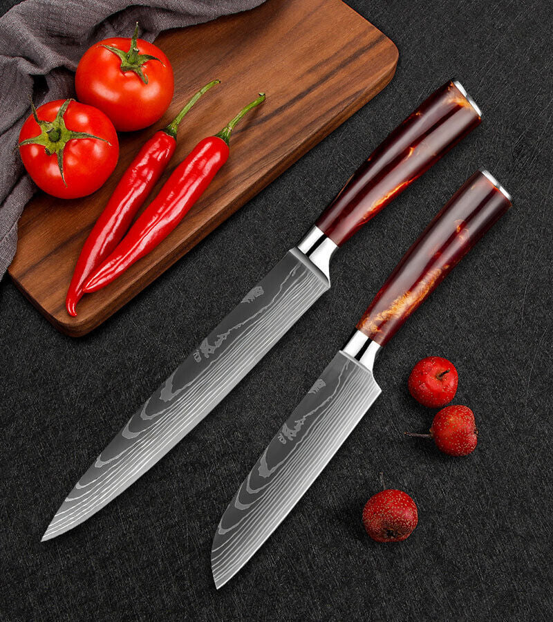 Red 8PC Japanese Kitchen Knives Set with Laser Damascus Pattern & Scabbard