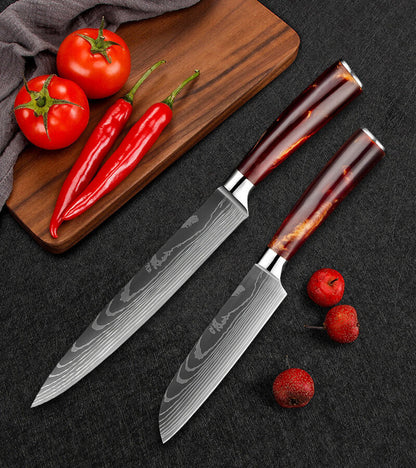 Red 8PC Japanese Kitchen Knives Set with Laser Damascus Pattern & Scabbard