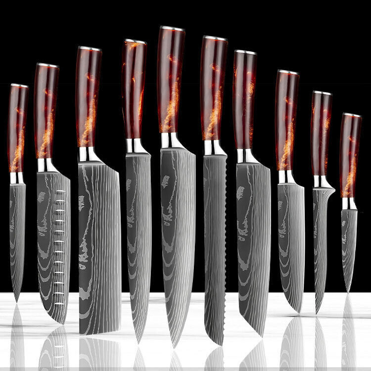 Red 8PC Japanese Kitchen Knives Set with Laser Damascus Pattern & Scabbard