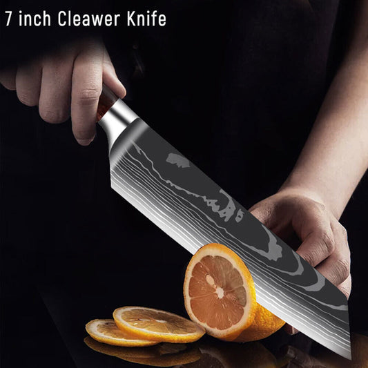 Red 8PC Japanese Kitchen Knives Set with Laser Damascus Pattern & Scabbard