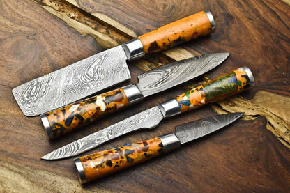 Set of 4 Piece Handmade Damascus Steel Chef Knives Hammered Full Tang Razor Sharp
