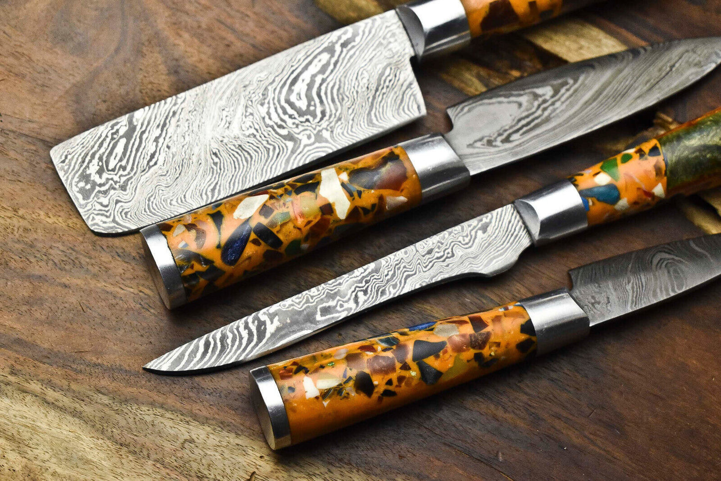 Set of 4 Piece Handmade Damascus Steel Chef Knives Hammered Full Tang Razor Sharp