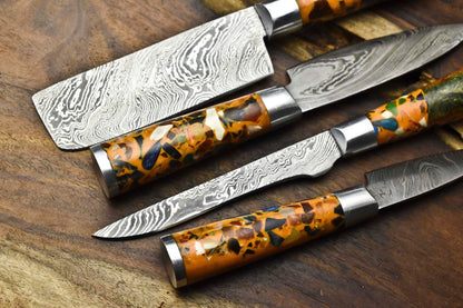 Set of 4 Piece Handmade Damascus Steel Chef Knives Hammered Full Tang Razor Sharp