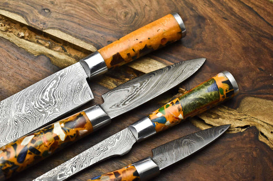 Set of 4 Piece Handmade Damascus Steel Chef Knives Hammered Full Tang Razor Sharp