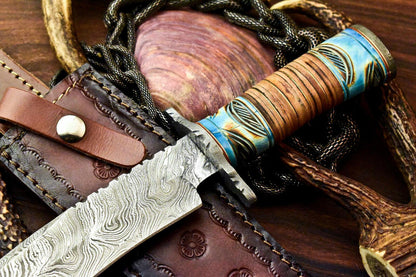 11.5" Handmade Damascus Bowie Knife – Stacked Leather Handle