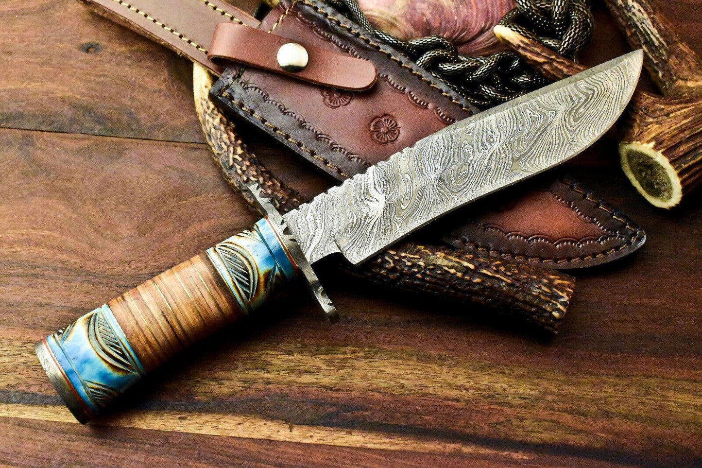 11.5" Handmade Damascus Bowie Knife – Stacked Leather Handle