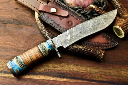 11.5" Handmade Damascus Bowie Knife – Stacked Leather Handle