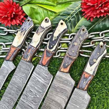 Lot of 5 Handmade Damascus Steel Full Tang Kitchen Chef Knife Set – Premium EDC Knives