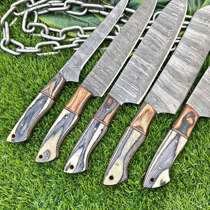 Lot of 5 Handmade Damascus Steel Full Tang Kitchen Chef Knife Set – Premium EDC Knives