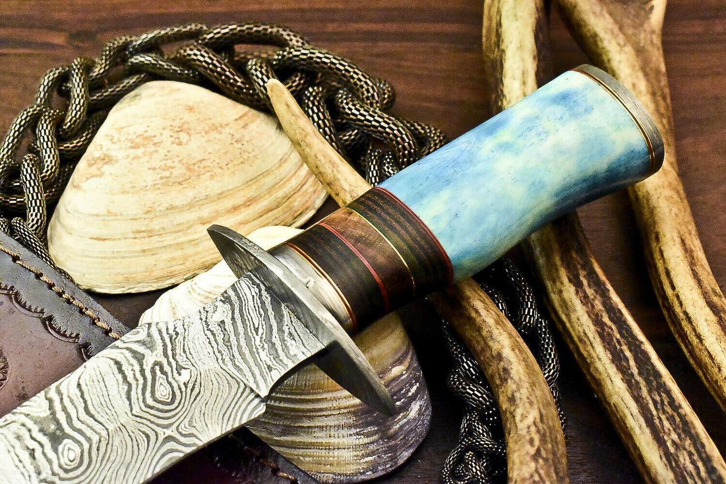 12" Handmade Damascus Bowie Knife | Camel Bone Handle + Sheath