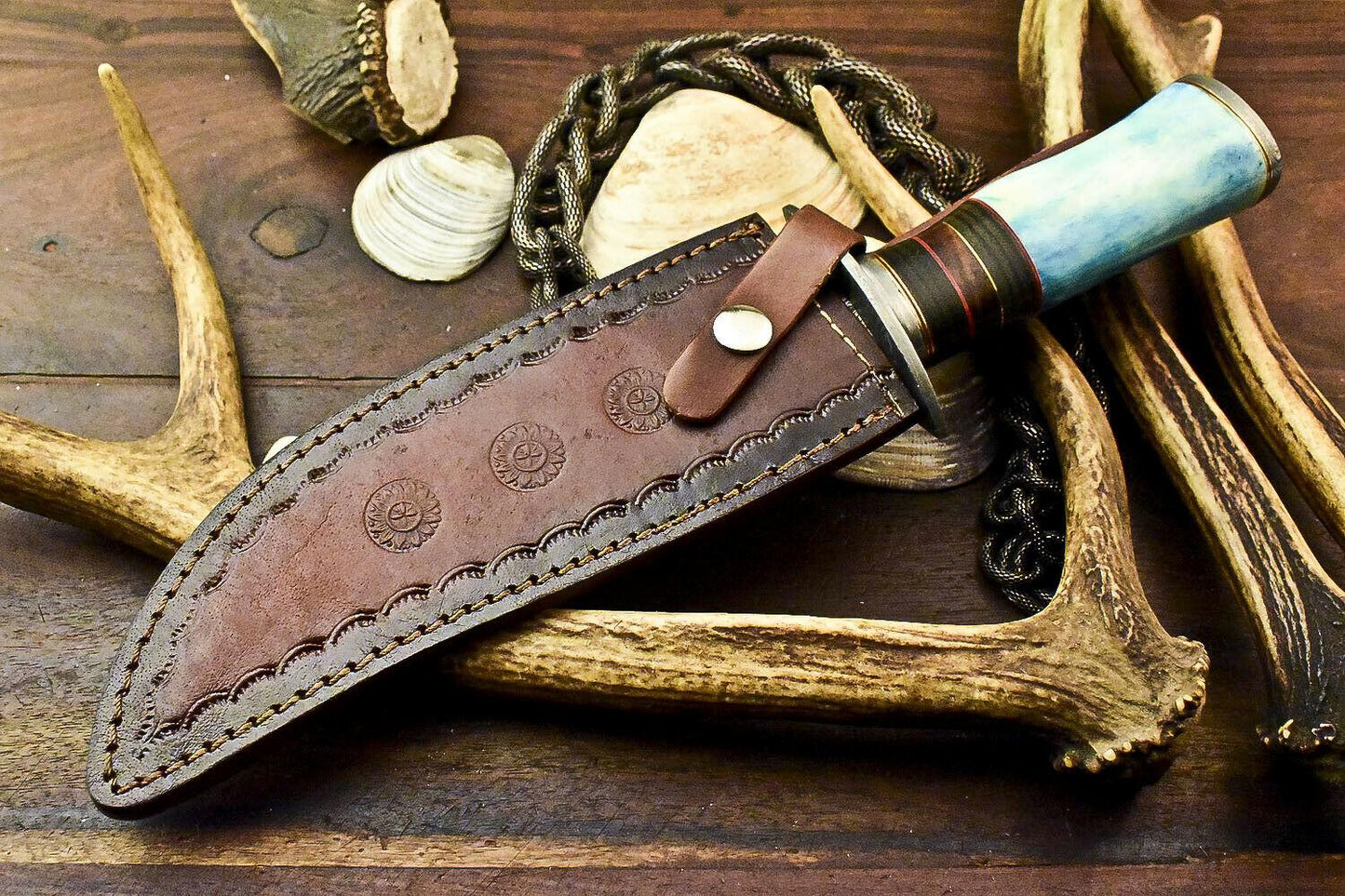 12" Handmade Damascus Bowie Knife | Camel Bone Handle + Sheath