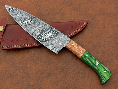 Custom Handmade Damascus Steel BBQ Chef Knife with Natural Wood Handle and Leather Sheath