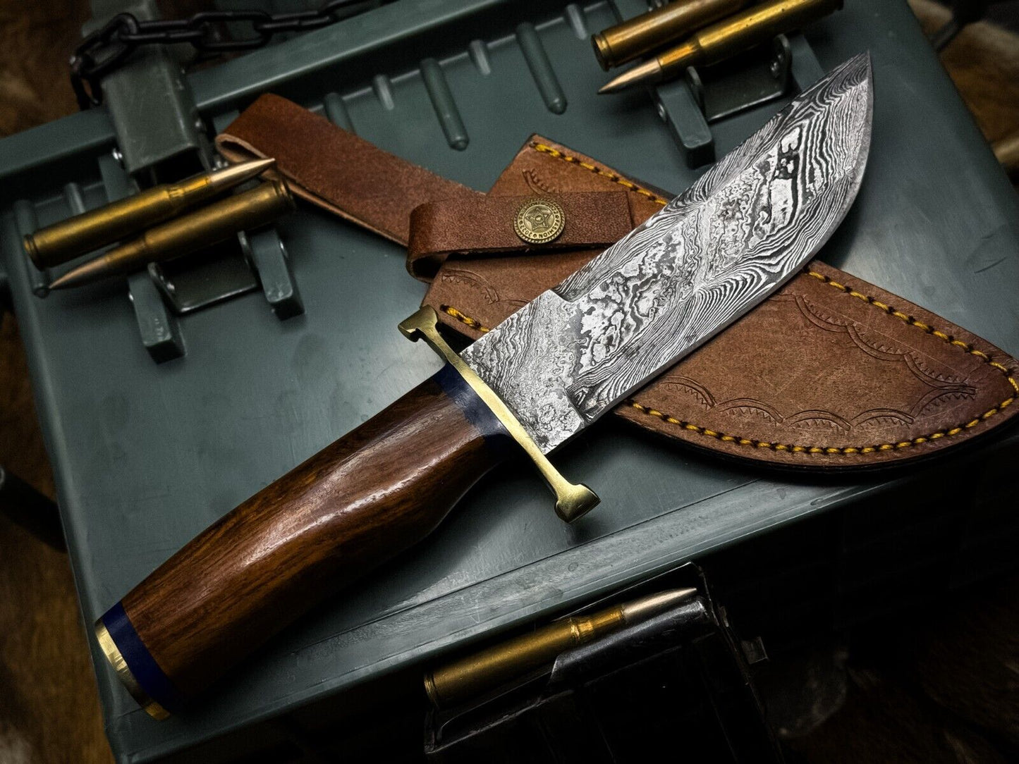 Heritage Forge Handmade Damascus Bowie Knife with Twist Hard Wood Handle and Sheath