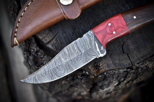 8.5" Twist Damascus Skinner Knife with Hard Wood Handle – Custom Handmade Outdoor Fixed Blade