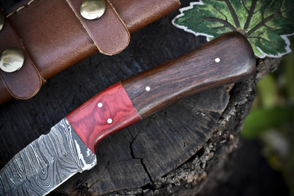 8.5" Twist Damascus Skinner Knife with Hard Wood Handle – Custom Handmade Outdoor Fixed Blade