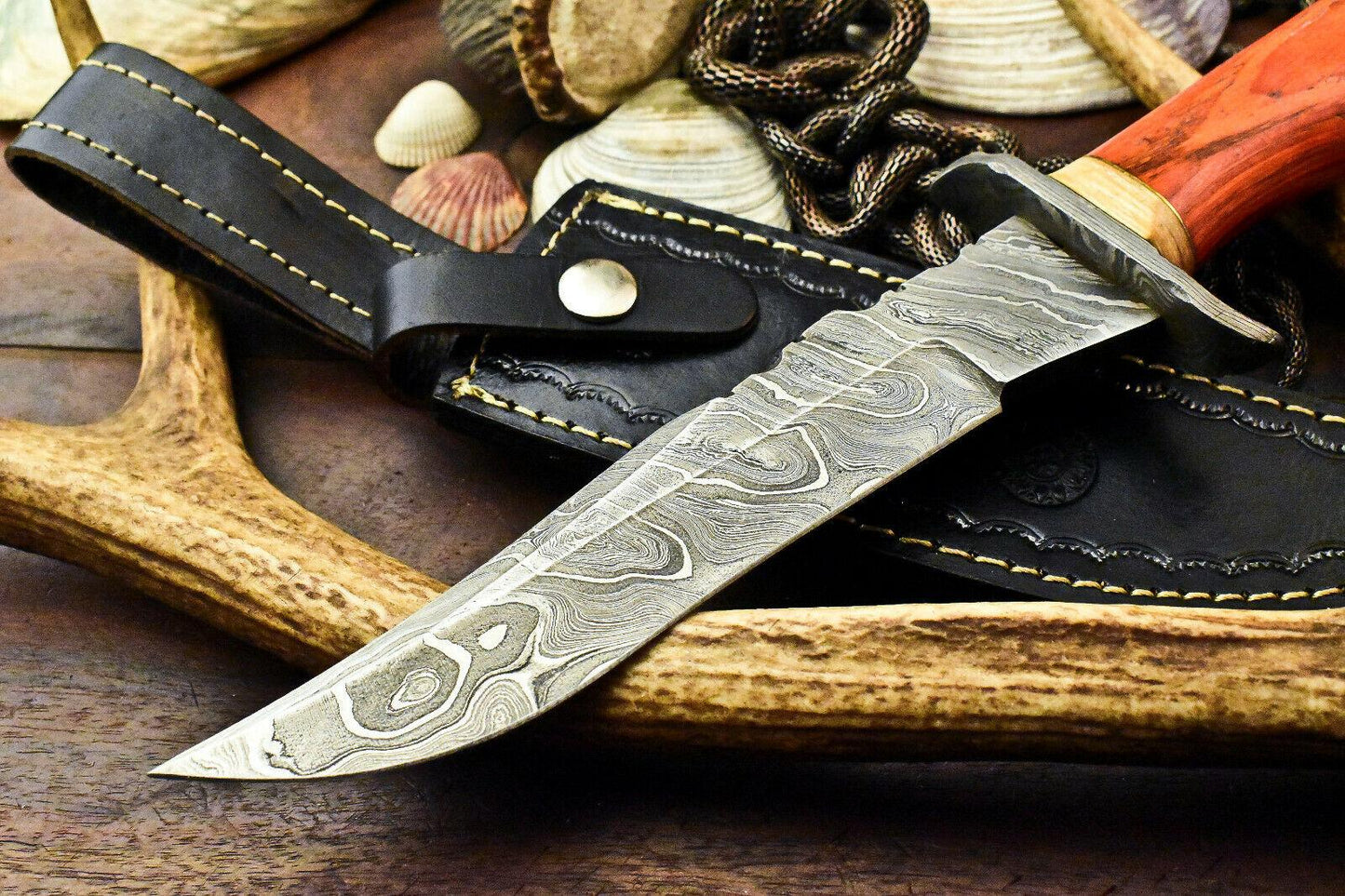 12.5" Damascus Hunting Bowie Knife – Hard Wood Handle