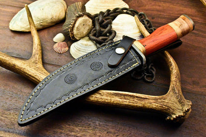 12.5" Handmade Damascus Bowie Knife – Hardwood Handle & Leather Sheath