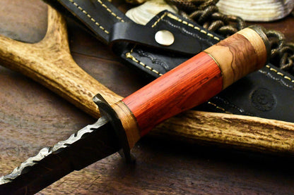 12.5" Handmade Damascus Bowie Knife – Hardwood Handle & Leather Sheath