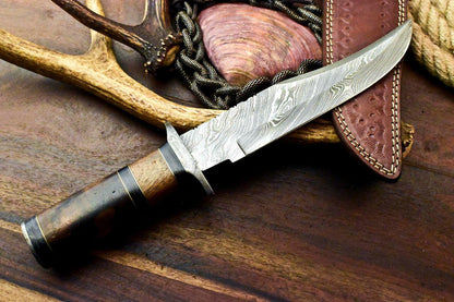 13" Handmade Damascus Bowie – Walnut Wood Hunting Knife with Leather Sheath