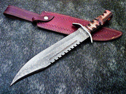Heritage Forge 16" Handmade Damascus Steel Hunting Knife Camel Bone Handle