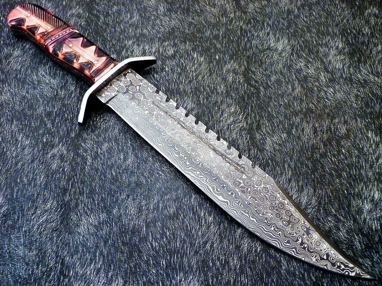 Heritage Forge 16" Handmade Damascus Steel Hunting Knife Camel Bone Handle