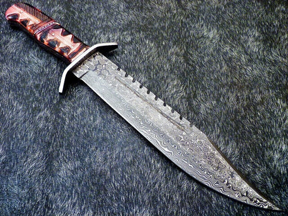 Heritage Forge 16" Handmade Damascus Steel Hunting Knife Camel Bone Handle