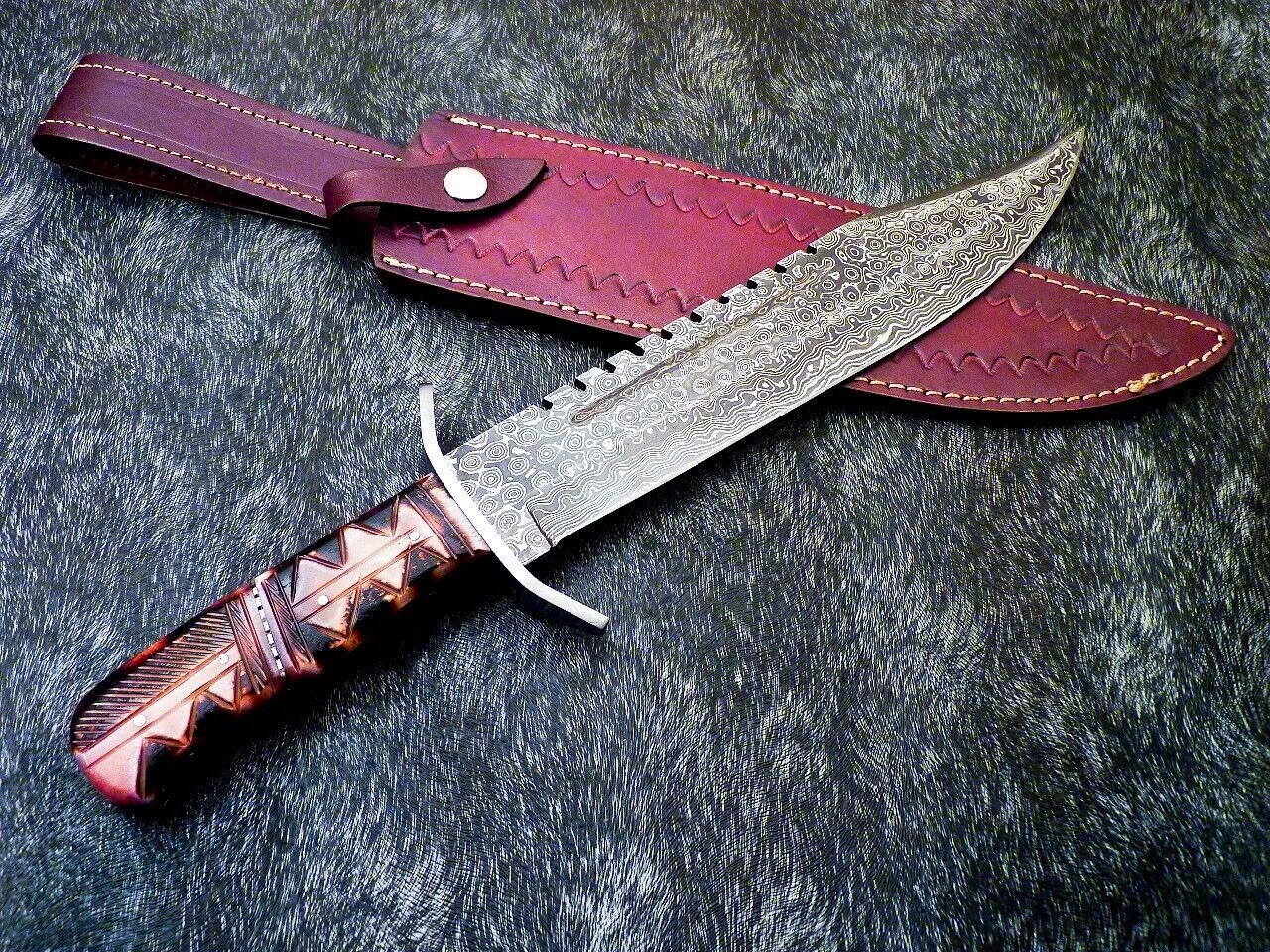 Heritage Forge 16" Handmade Damascus Steel Hunting Knife Camel Bone Handle