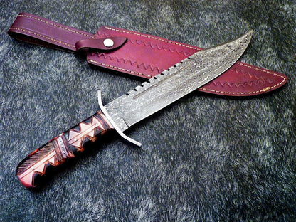Heritage Forge 16" Handmade Damascus Steel Hunting Knife Camel Bone Handle