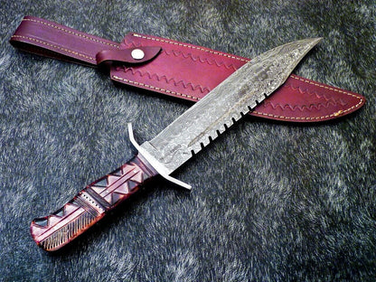Heritage Forge 16" Handmade Damascus Steel Hunting Knife Camel Bone Handle