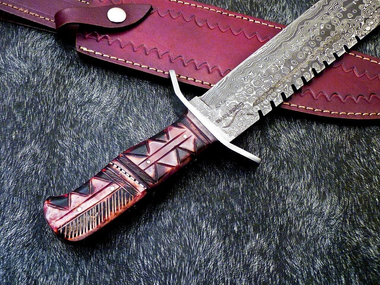 Heritage Forge 16" Handmade Damascus Steel Hunting Knife Camel Bone Handle