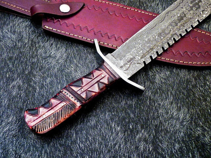 Heritage Forge 16" Handmade Damascus Steel Hunting Knife Camel Bone Handle