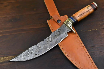 13.5" Handmade Damascus Steel Bowie Knife – Camel Bone Handle