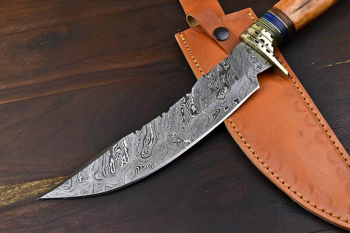13.5" Handmade Damascus Steel Bowie Knife – Camel Bone Handle