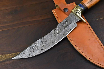 13.5" Handmade Damascus Steel Bowie Knife – Camel Bone Handle