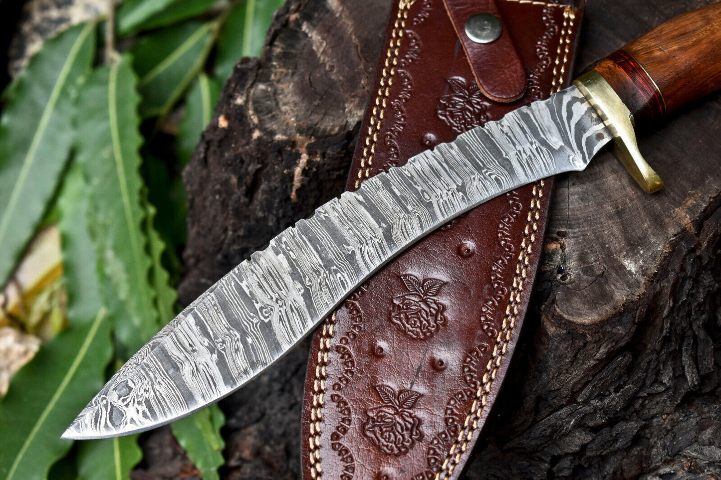 14 Inch Handmade Damascus Steel Bowie Knife with Walnut Wood Handle by Heritage Forge
