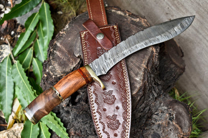 14 Inch Handmade Damascus Steel Bowie Knife with Walnut Wood Handle by Heritage Forge