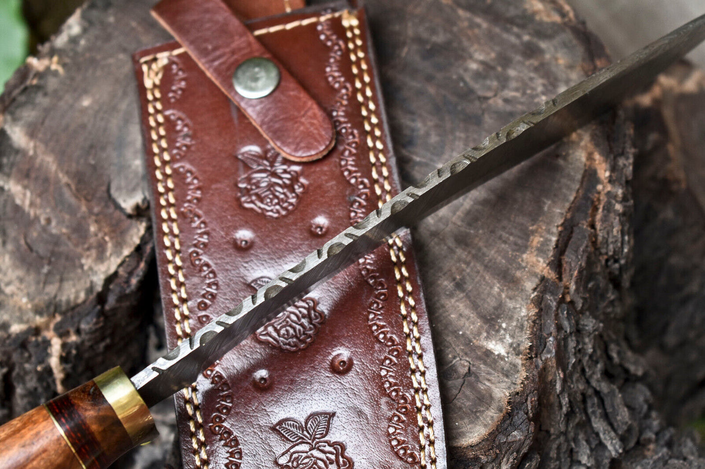 14 Inch Handmade Damascus Steel Bowie Knife with Walnut Wood Handle by Heritage Forge