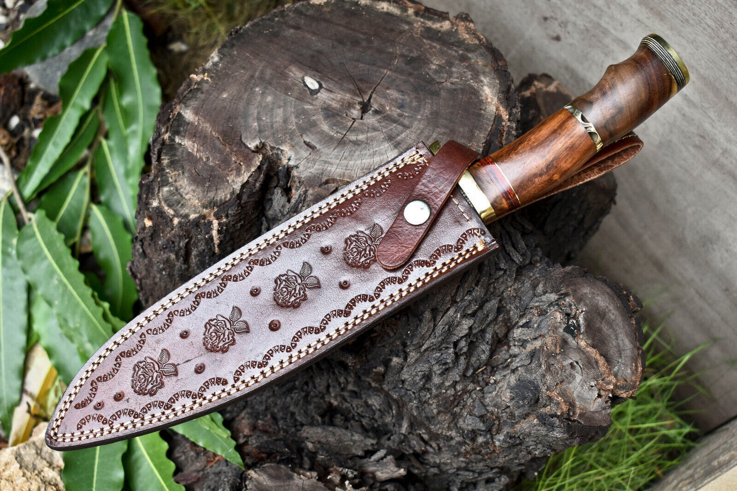 14 Inch Handmade Damascus Steel Bowie Knife with Walnut Wood Handle by Heritage Forge