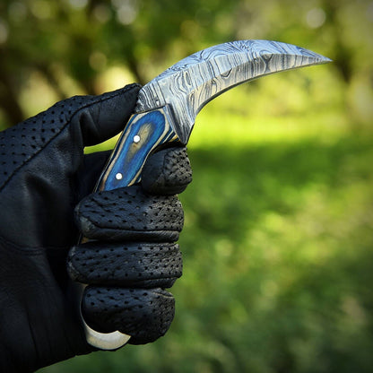 Custom Forged Damascus Karambit Knife Damascus Steel Knife with Wood Handle
