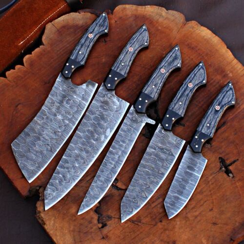 5PCS Handmade Damascus Steel Kitchen Knife Set w/ Leather Bag | Heritage Forge 