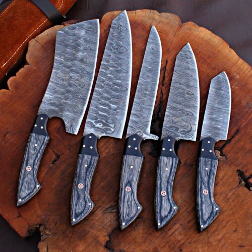 5PCS Handmade Damascus Steel Kitchen Knife Set w/ Leather Bag | Heritage Forge