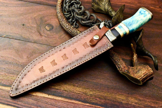 14.5" Damascus Bowie Knife | Laser Etched Blade & Camel Bone Handle