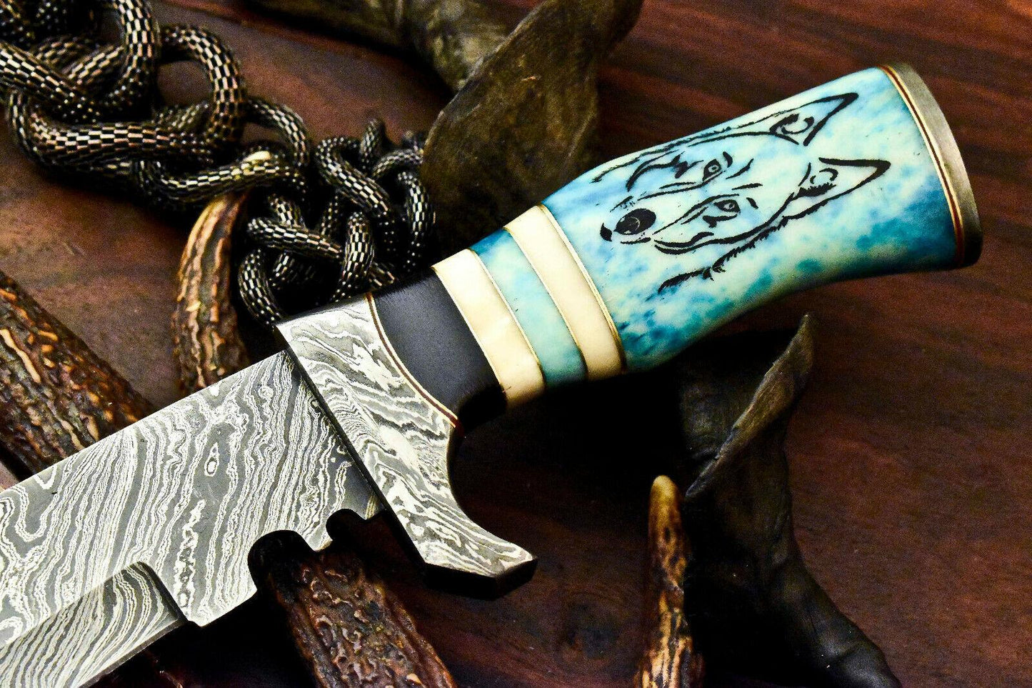 14.5" Damascus Bowie Knife | Laser Etched Blade & Camel Bone Handle