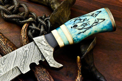 14.5" Damascus Bowie Knife | Laser Etched Blade & Camel Bone Handle
