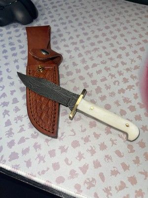Heritage Forge Custom Damascus Baby Bowie Knife with Bone Handle and Leather Sheath